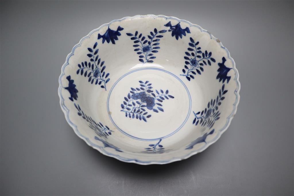 An early 19th century Chinese blue and white bowl, diameter 24cm, with Kangxi and other Chinese ceramics